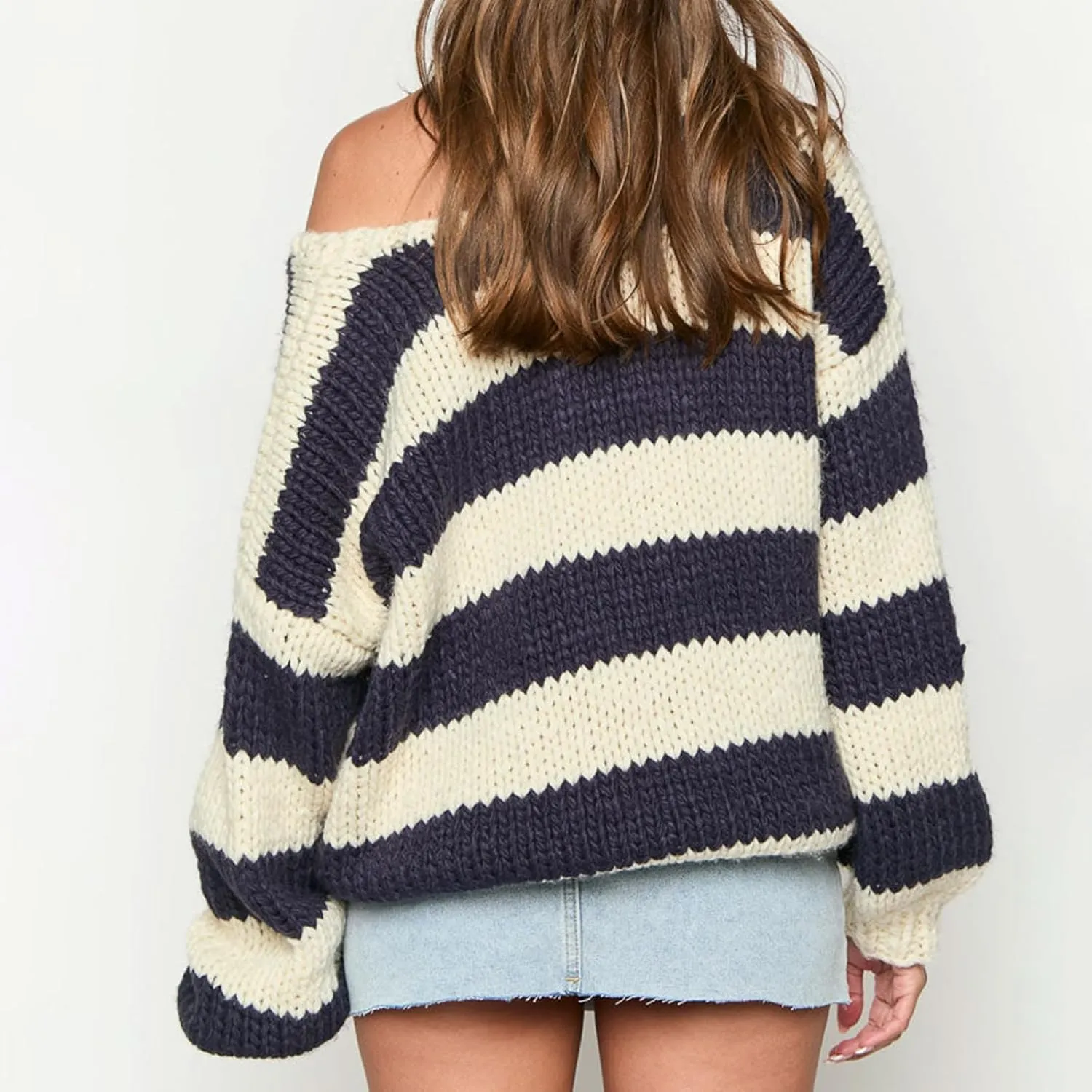 Women Striped Knit Sweaters 2024 Oversized Fall Winter Drop Shoulder Color Block Long Sleeve Loose Fit Pullover Tops