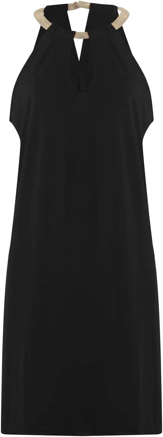 Women Summer Dresses Sleeveless Halter Neck Tank Mini Dress Hollow Out Casual Pleated Sundress A-Line Party Outfits