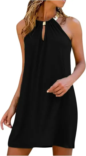 Women Summer Dresses Sleeveless Halter Neck Tank Mini Dress Hollow Out Casual Pleated Sundress A-Line Party Outfits