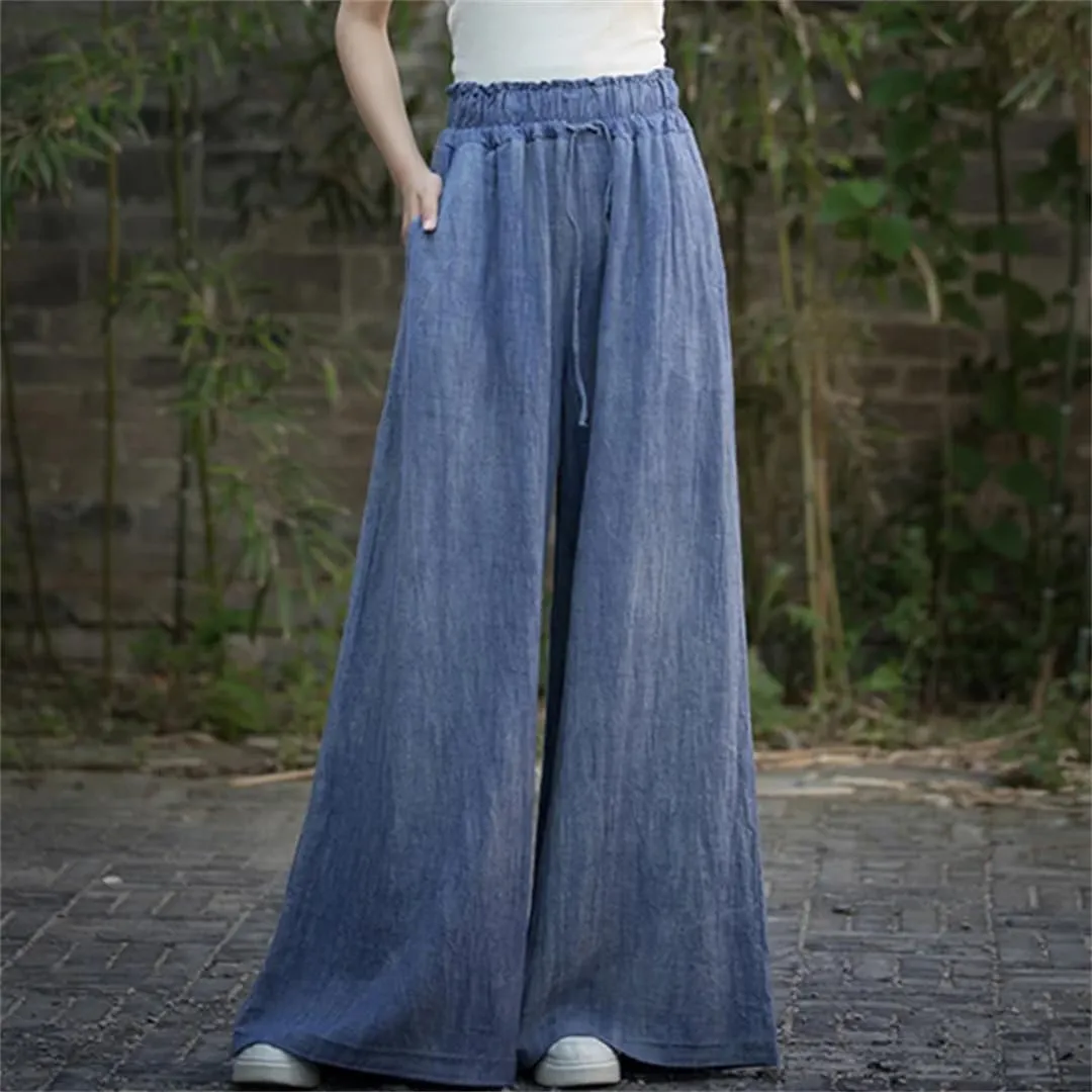 Women Vintage Cotton Linen High Waist Loose Large Size Cargo Trousers Wide Leg