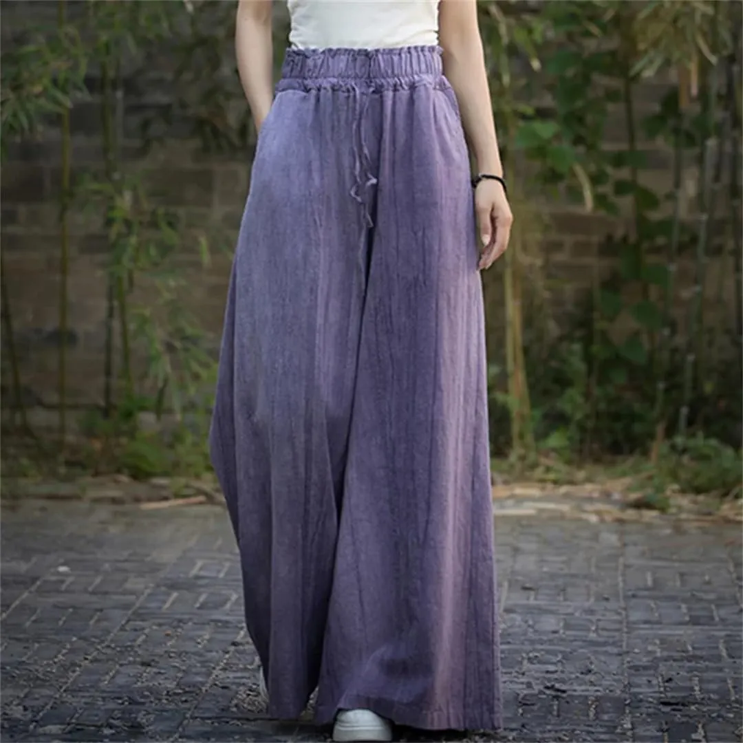 Women Vintage Cotton Linen High Waist Loose Large Size Cargo Trousers Wide Leg