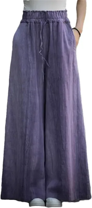 Women Vintage Cotton Linen High Waist Loose Large Size Cargo Trousers Wide Leg