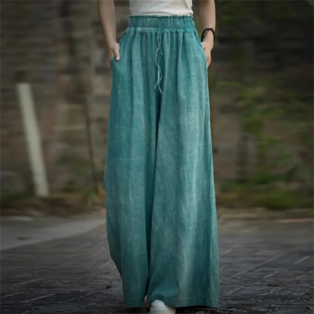 Women Vintage Cotton Linen High Waist Loose Large Size Cargo Trousers Wide Leg