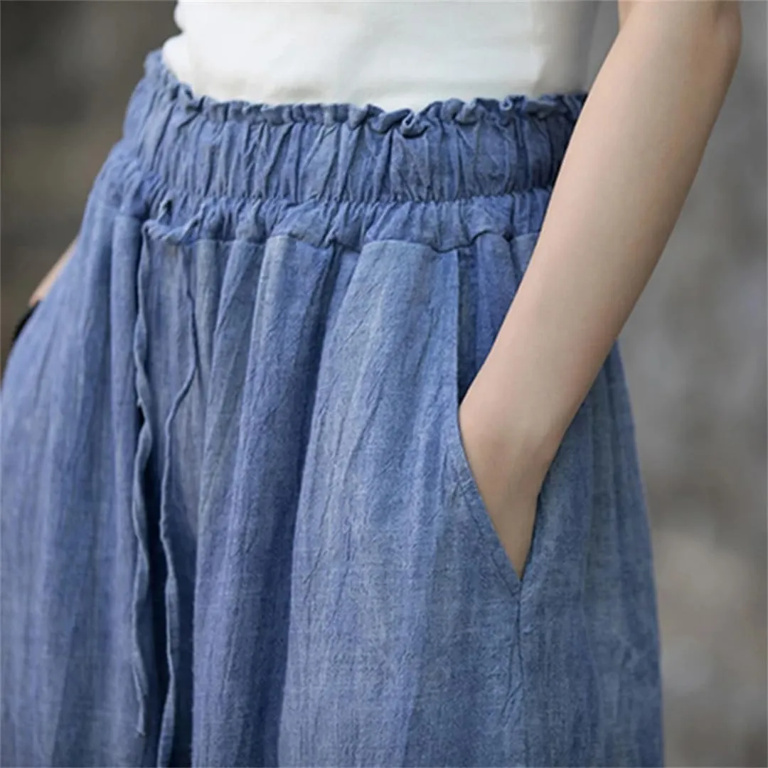 Women Vintage Cotton Linen High Waist Loose Large Size Cargo Trousers Wide Leg