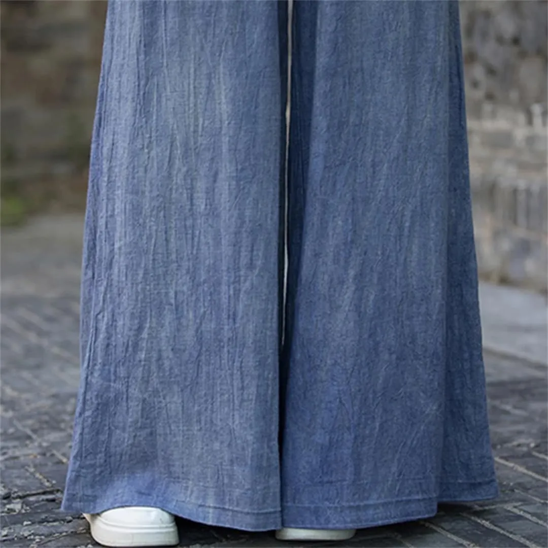 Women Vintage Cotton Linen High Waist Loose Large Size Cargo Trousers Wide Leg