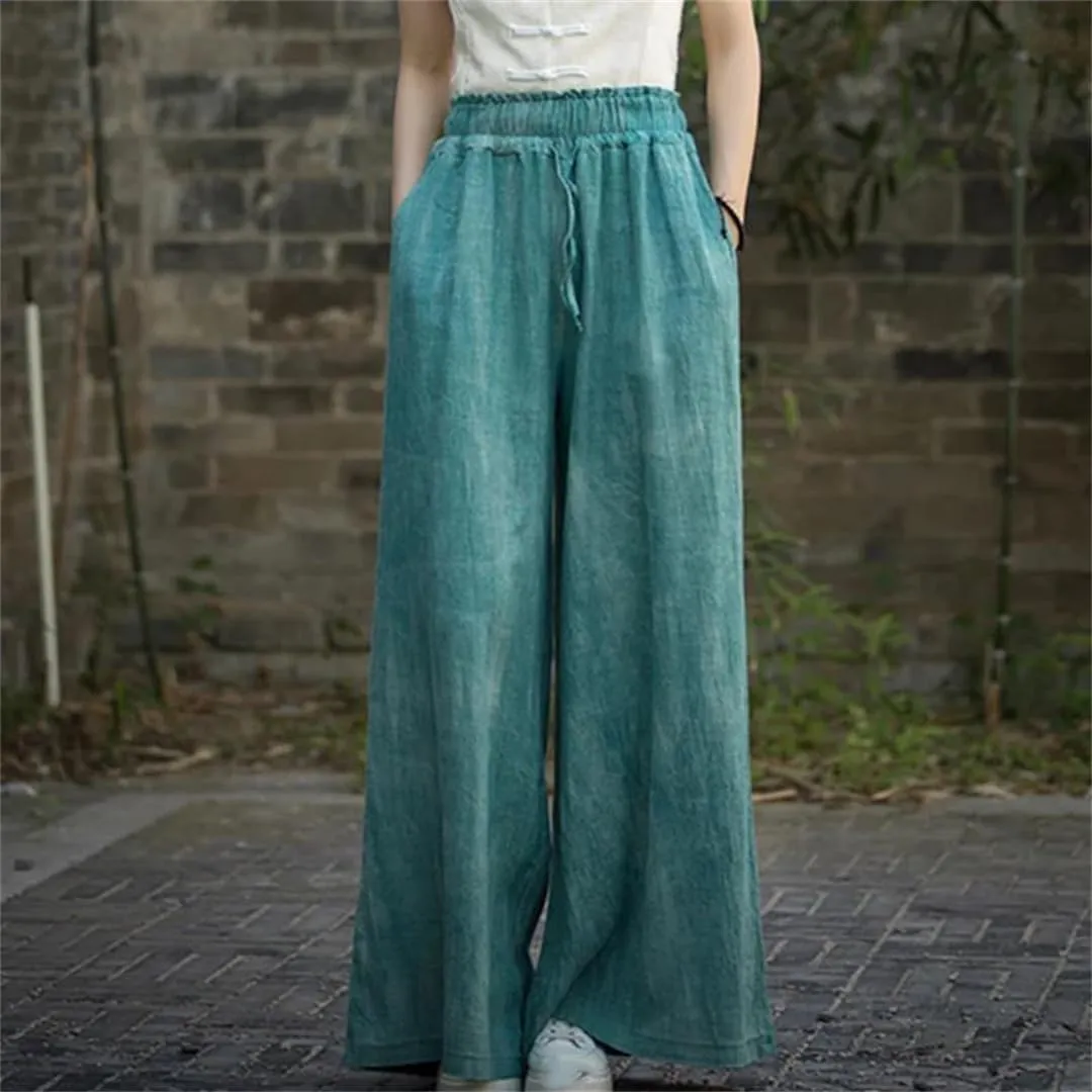 Women Vintage Cotton Linen High Waist Loose Large Size Cargo Trousers Wide Leg