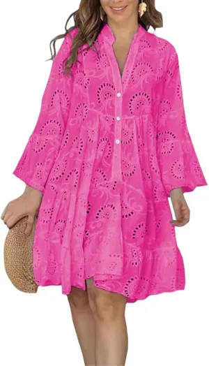 Women Vintage Lace Embroidered Mini Dress V Neck Shirt Dress Plus Size Ruffle Long Sleeve Short Summer Dresses