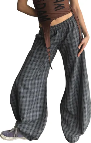 Women Vintage Plaid Wide Leg Pants High Waist Baggy Trousers Casual Barrel Trousers with Pockets