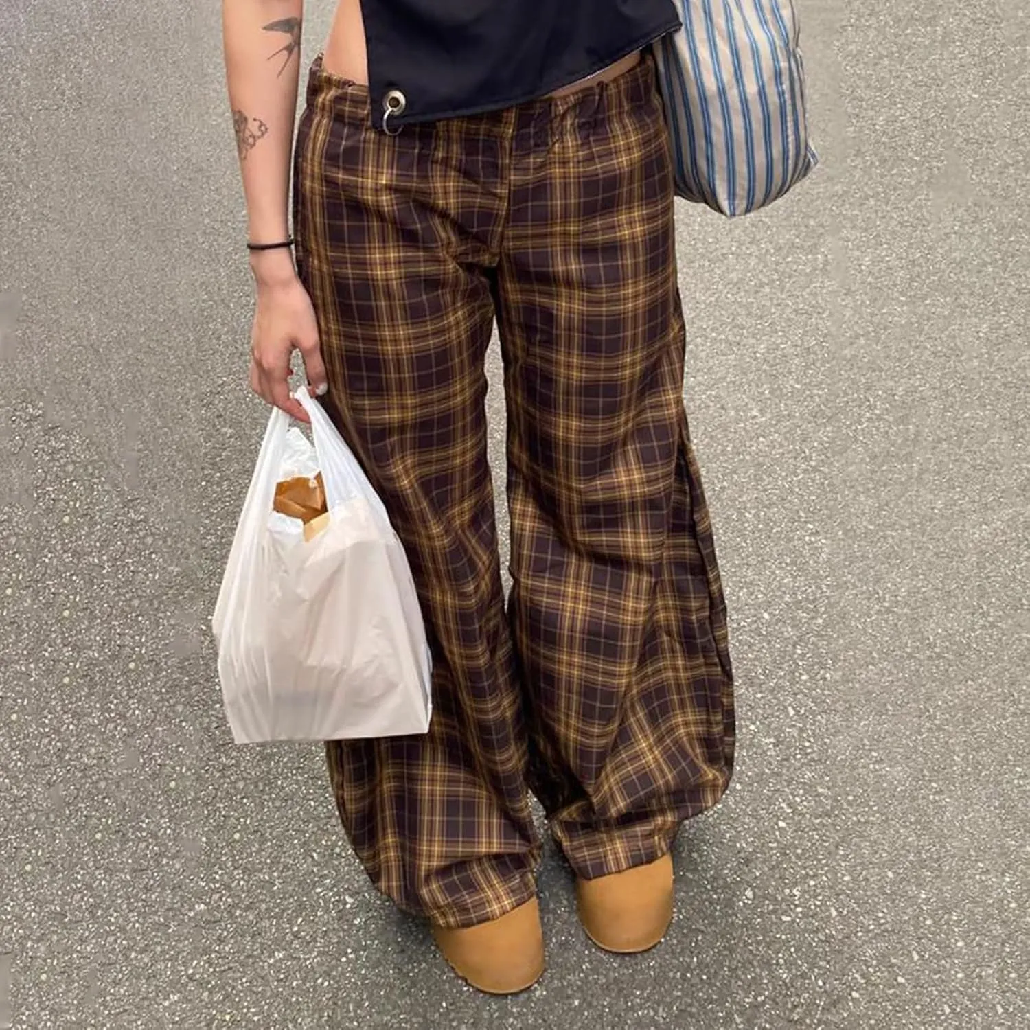 Women Vintage Plaid Wide Leg Pants High Waist Baggy Trousers Casual Barrel Trousers with Pockets