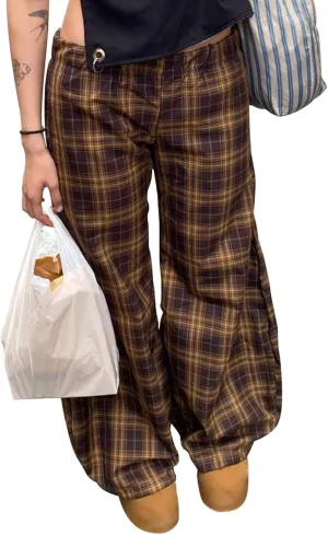 Women Vintage Plaid Wide Leg Pants High Waist Baggy Trousers Casual Barrel Trousers with Pockets