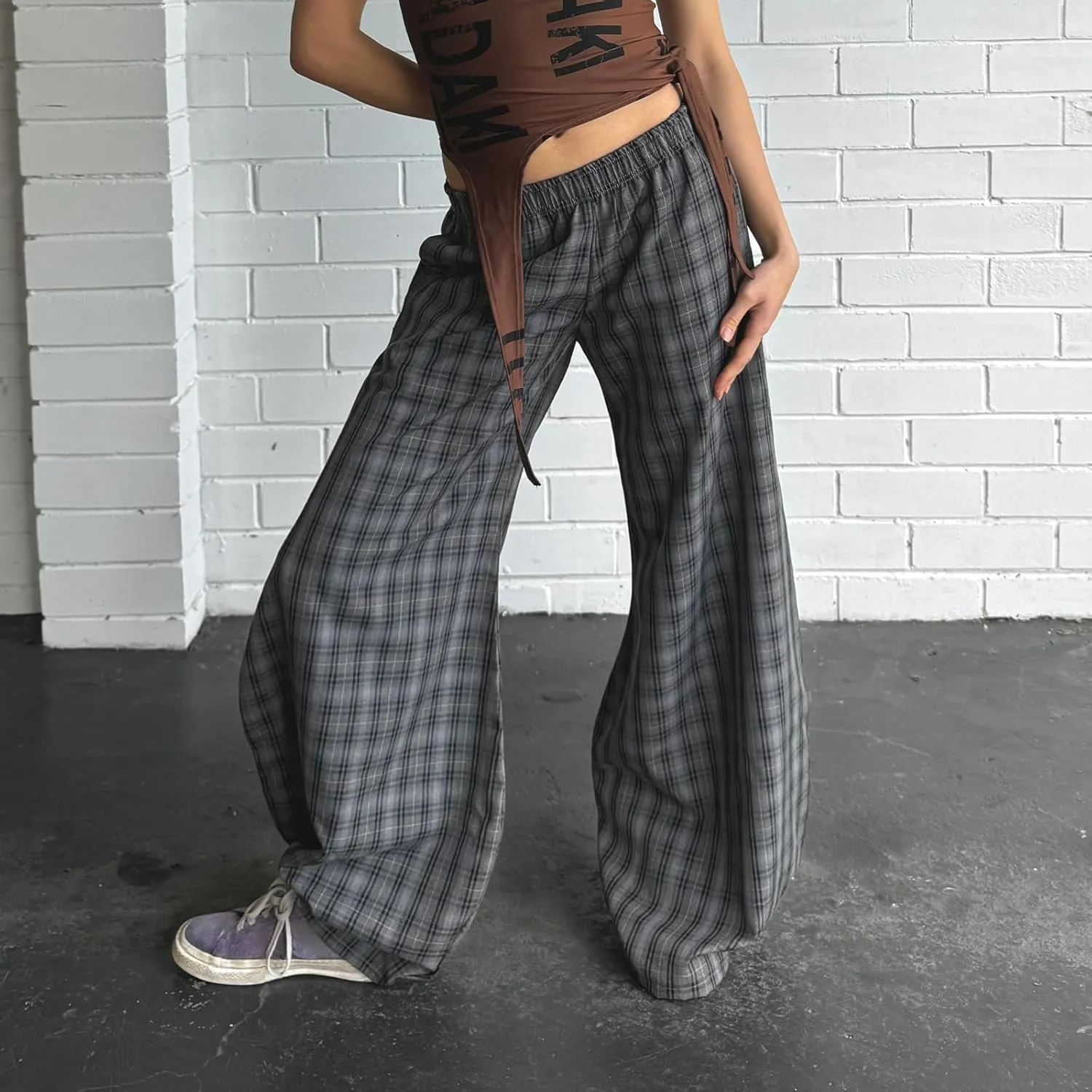 Women Vintage Plaid Wide Leg Pants High Waist Baggy Trousers Casual Barrel Trousers with Pockets