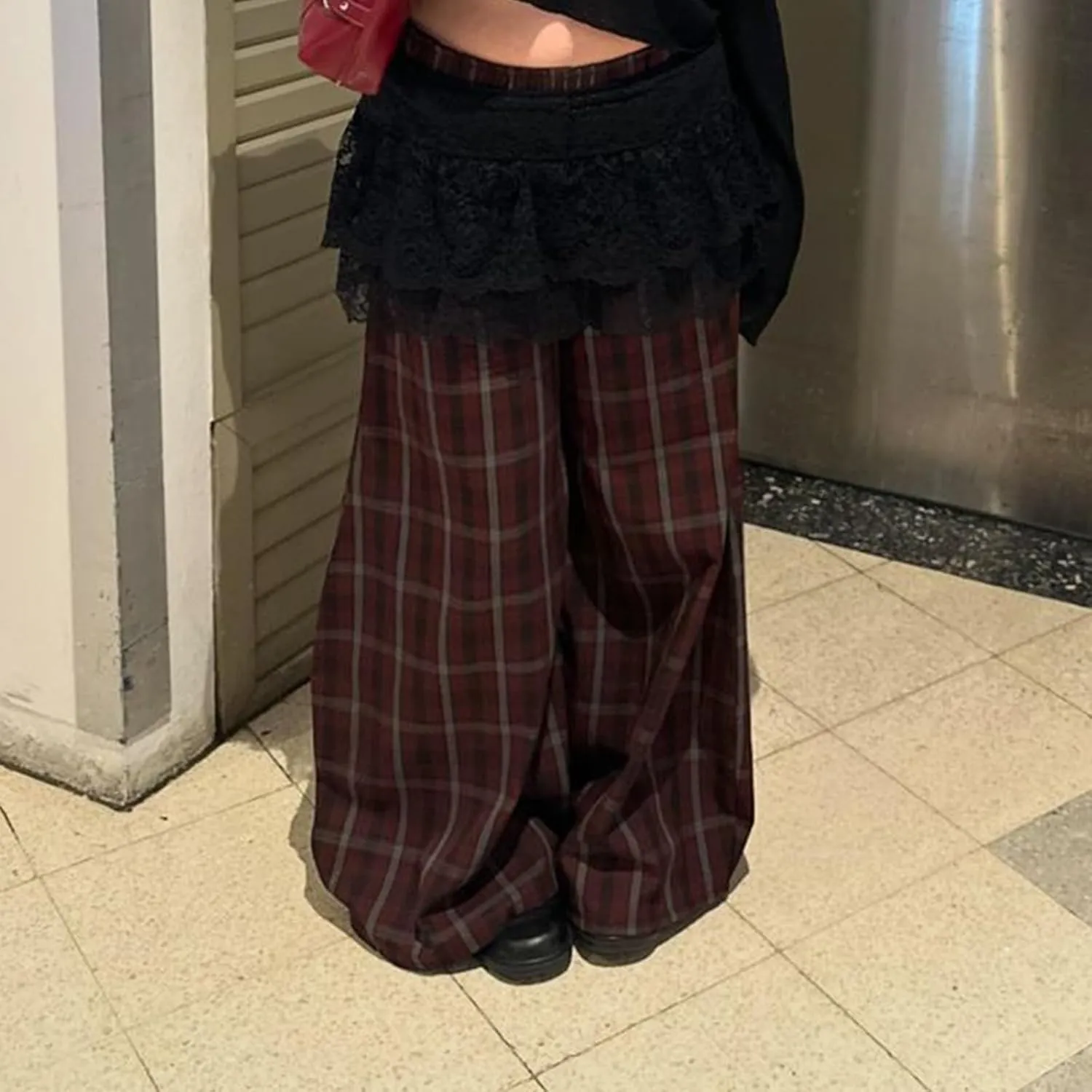 Women Vintage Plaid Wide Leg Pants High Waist Baggy Trousers Casual Barrel Trousers with Pockets