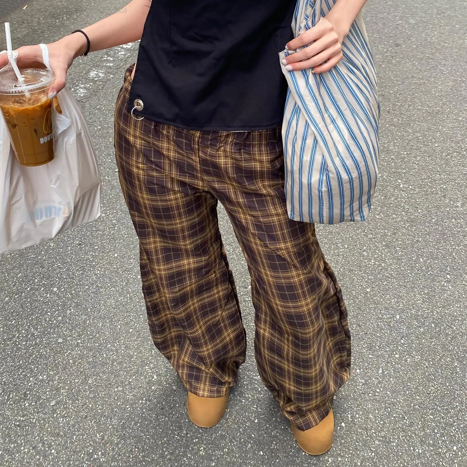 Women Vintage Plaid Wide Leg Pants High Waist Baggy Trousers Casual Barrel Trousers with Pockets