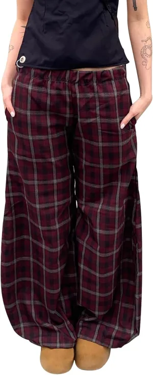 Women Vintage Plaid Wide Leg Pants High Waist Baggy Trousers Casual Barrel Trousers with Pockets