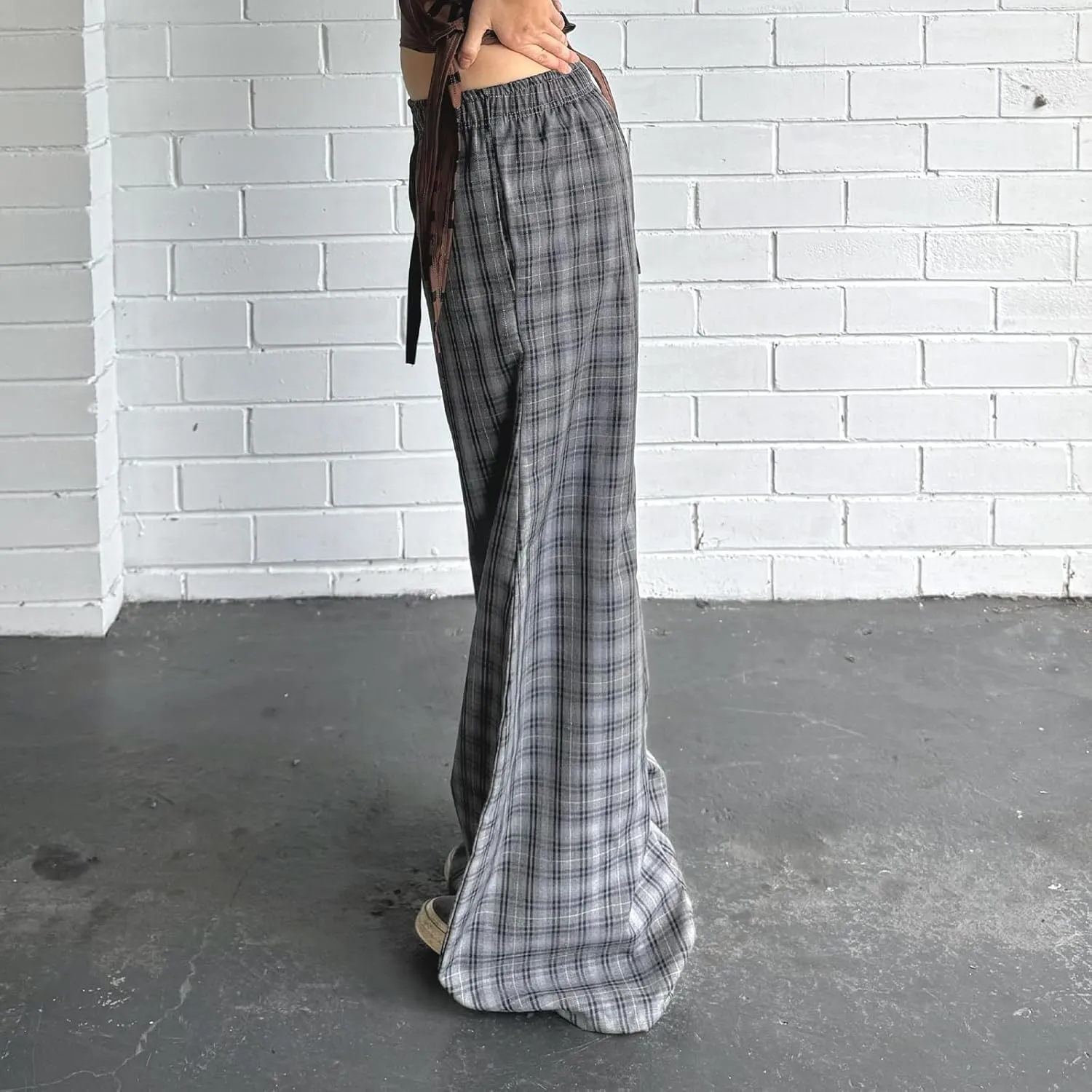 Women Vintage Plaid Wide Leg Pants High Waist Baggy Trousers Casual Barrel Trousers with Pockets