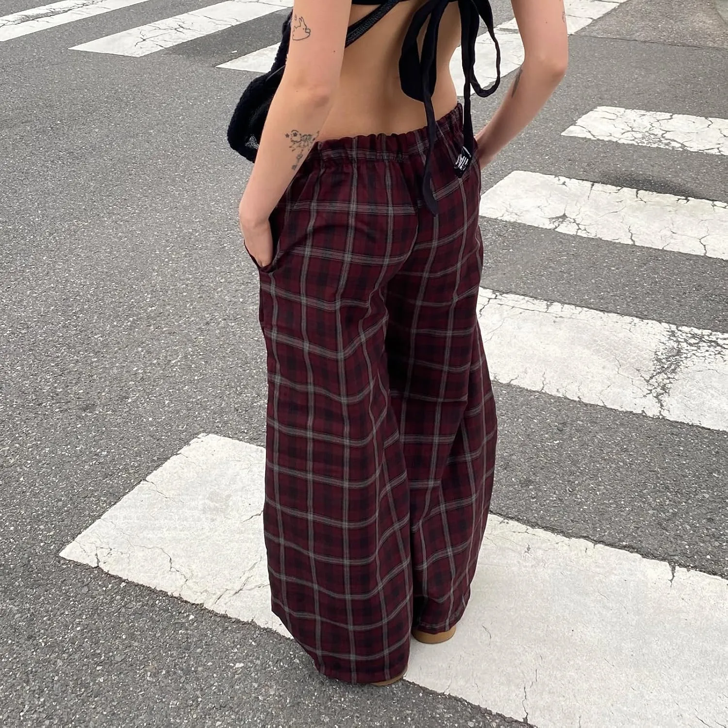 Women Vintage Plaid Wide Leg Pants High Waist Baggy Trousers Casual Barrel Trousers with Pockets