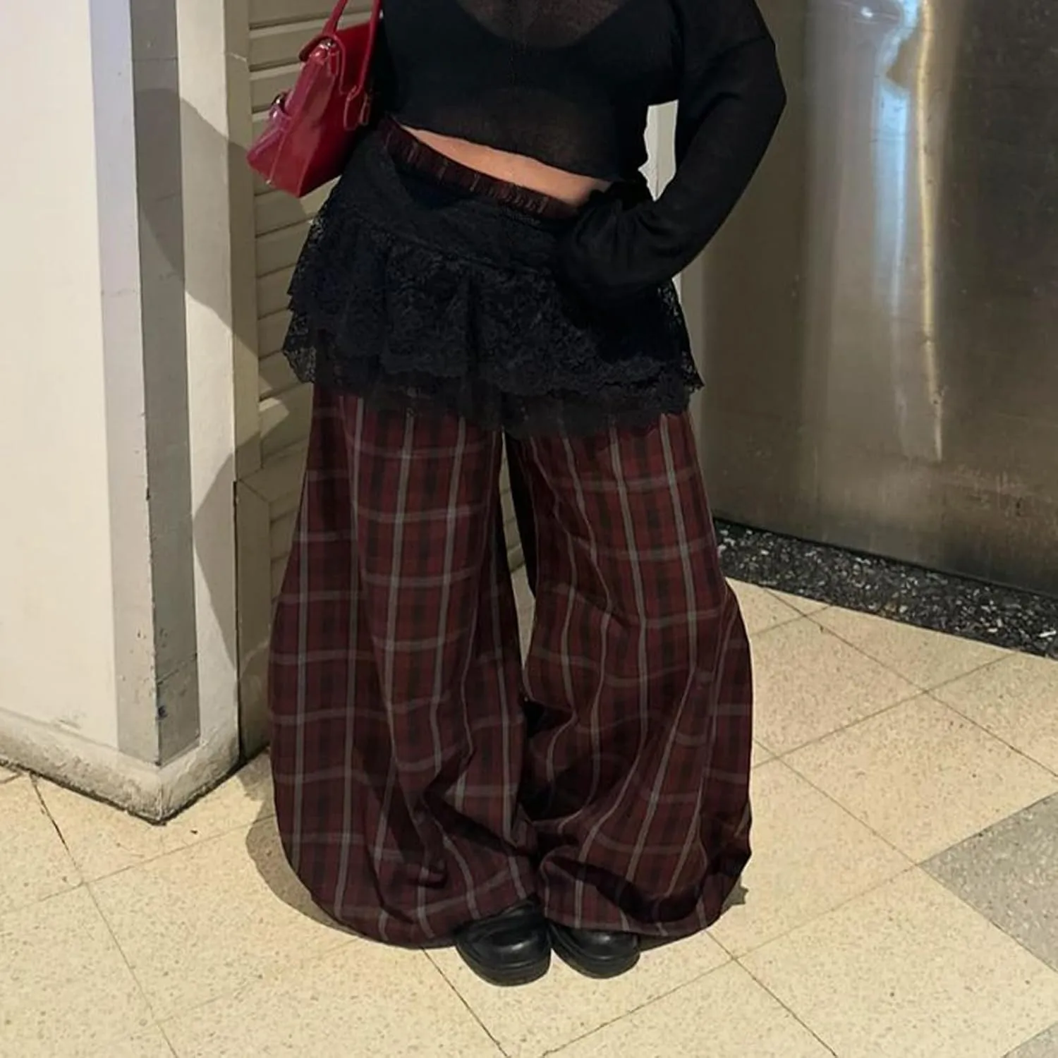 Women Vintage Plaid Wide Leg Pants High Waist Baggy Trousers Casual Barrel Trousers with Pockets