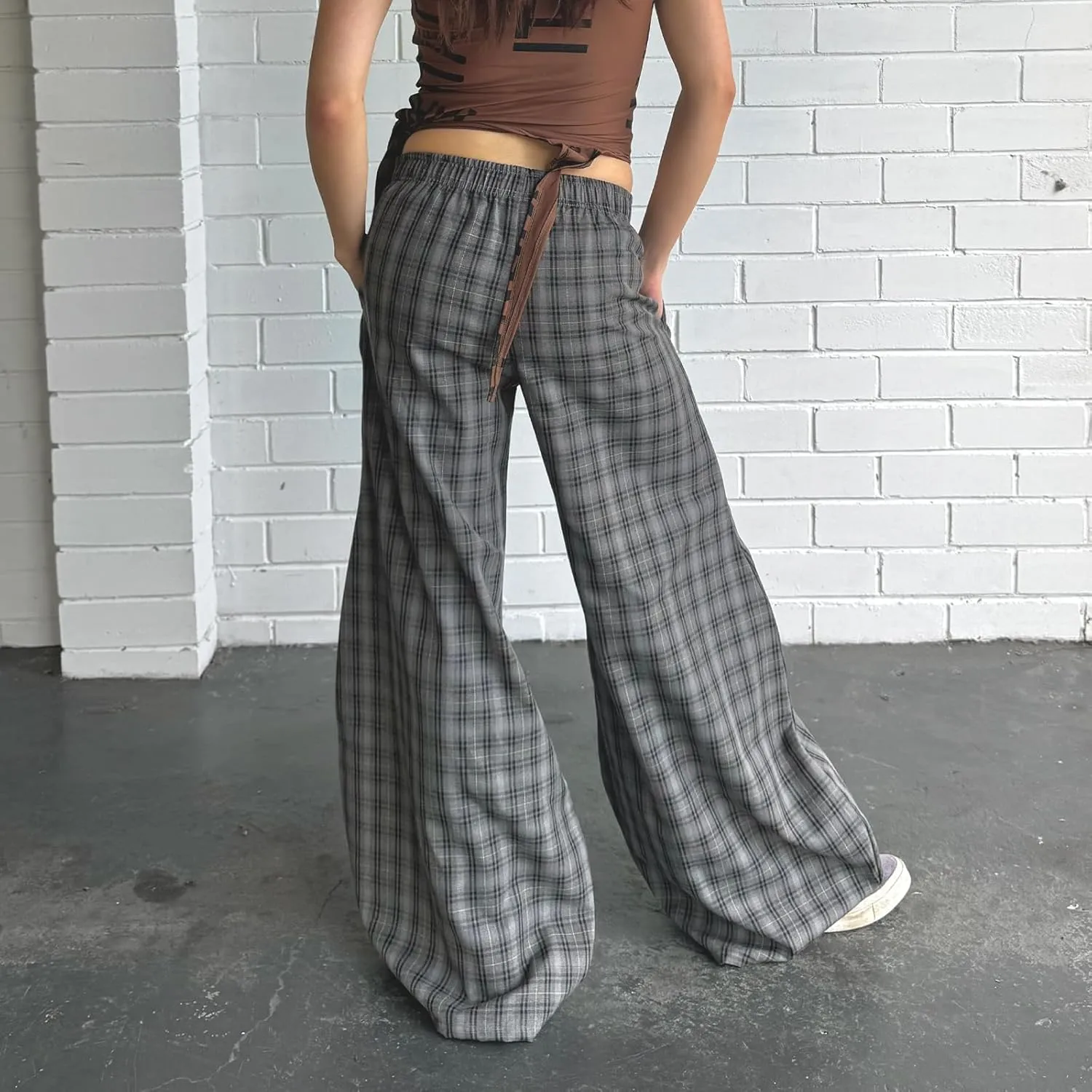 Women Vintage Plaid Wide Leg Pants High Waist Baggy Trousers Casual Barrel Trousers with Pockets