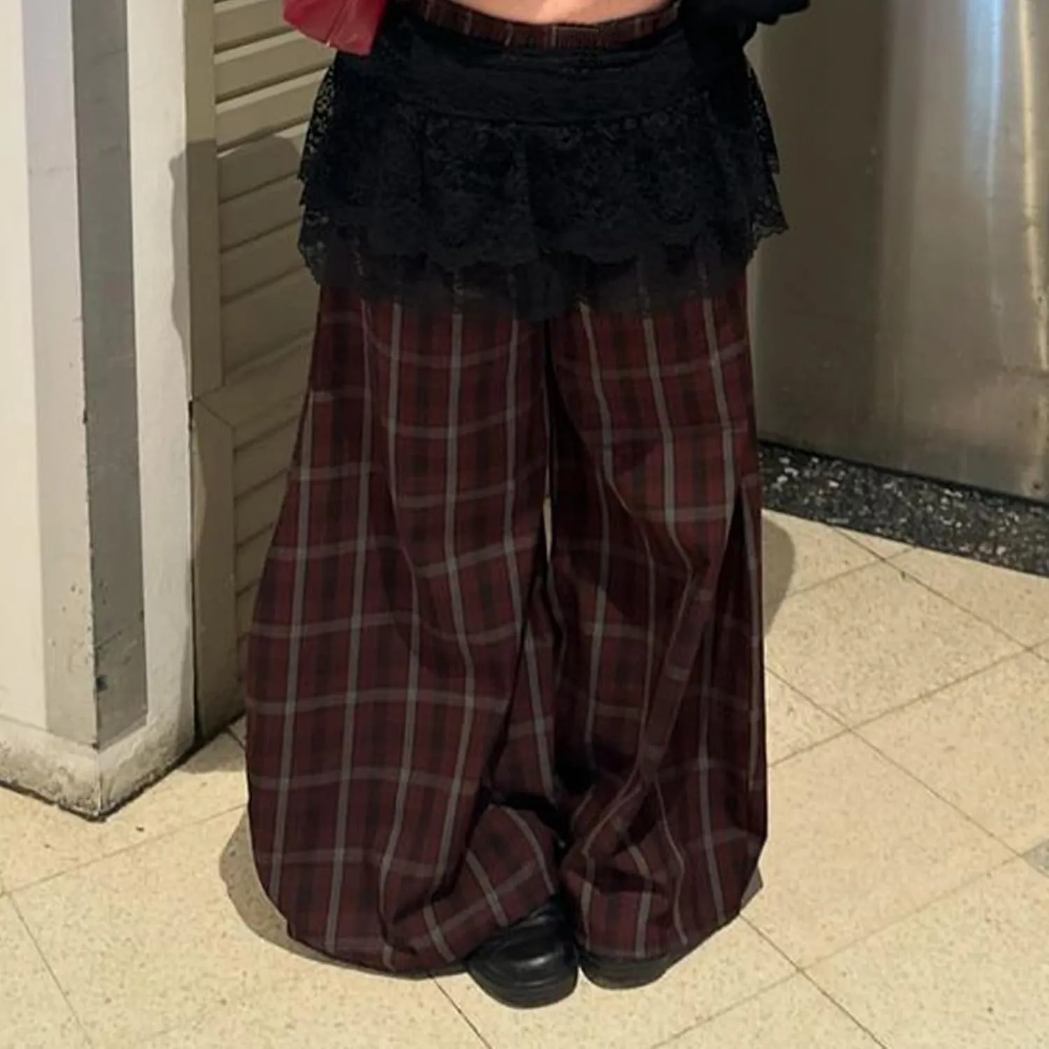 Women Vintage Plaid Wide Leg Pants High Waist Baggy Trousers Casual Barrel Trousers with Pockets