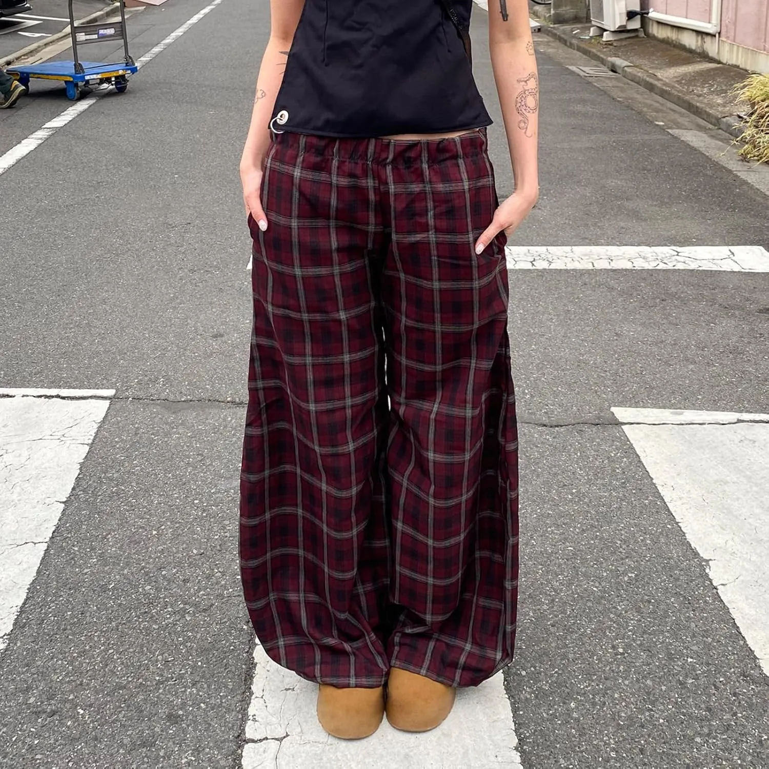 Women Vintage Plaid Wide Leg Pants High Waist Baggy Trousers Casual Barrel Trousers with Pockets