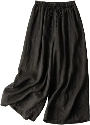 Women Wide Leg Pant Cotton Linen Elastic High Waist Cropped Trousers Solid Color Casual Mosquito Proof Summer Pants