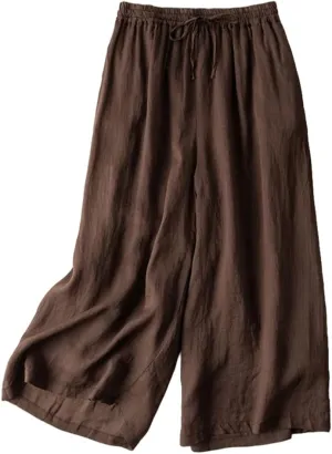 Women Wide Leg Pant Cotton Linen Elastic High Waist Cropped Trousers Solid Color Casual Mosquito Proof Summer Pants