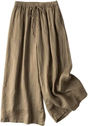 Women Wide Leg Pant Cotton Linen Elastic High Waist Cropped Trousers Solid Color Casual Mosquito Proof Summer Pants