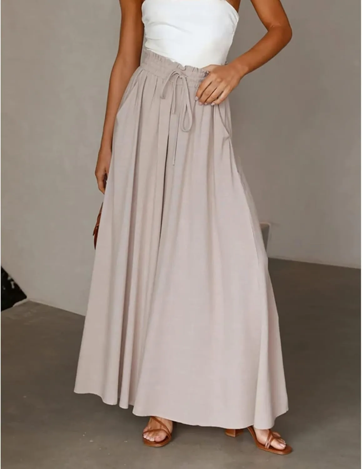 Women Wide Leg Pants Women Stretchy Waistband High Waist Drawstring Solid Color Loose Fit Soft Trousers with Pockets