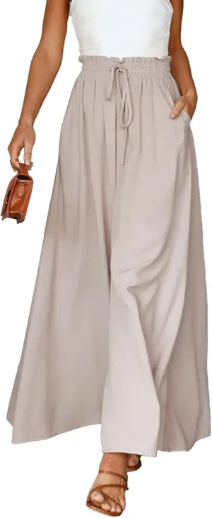 Women Wide Leg Pants Women Stretchy Waistband High Waist Drawstring Solid Color Loose Fit Soft Trousers with Pockets