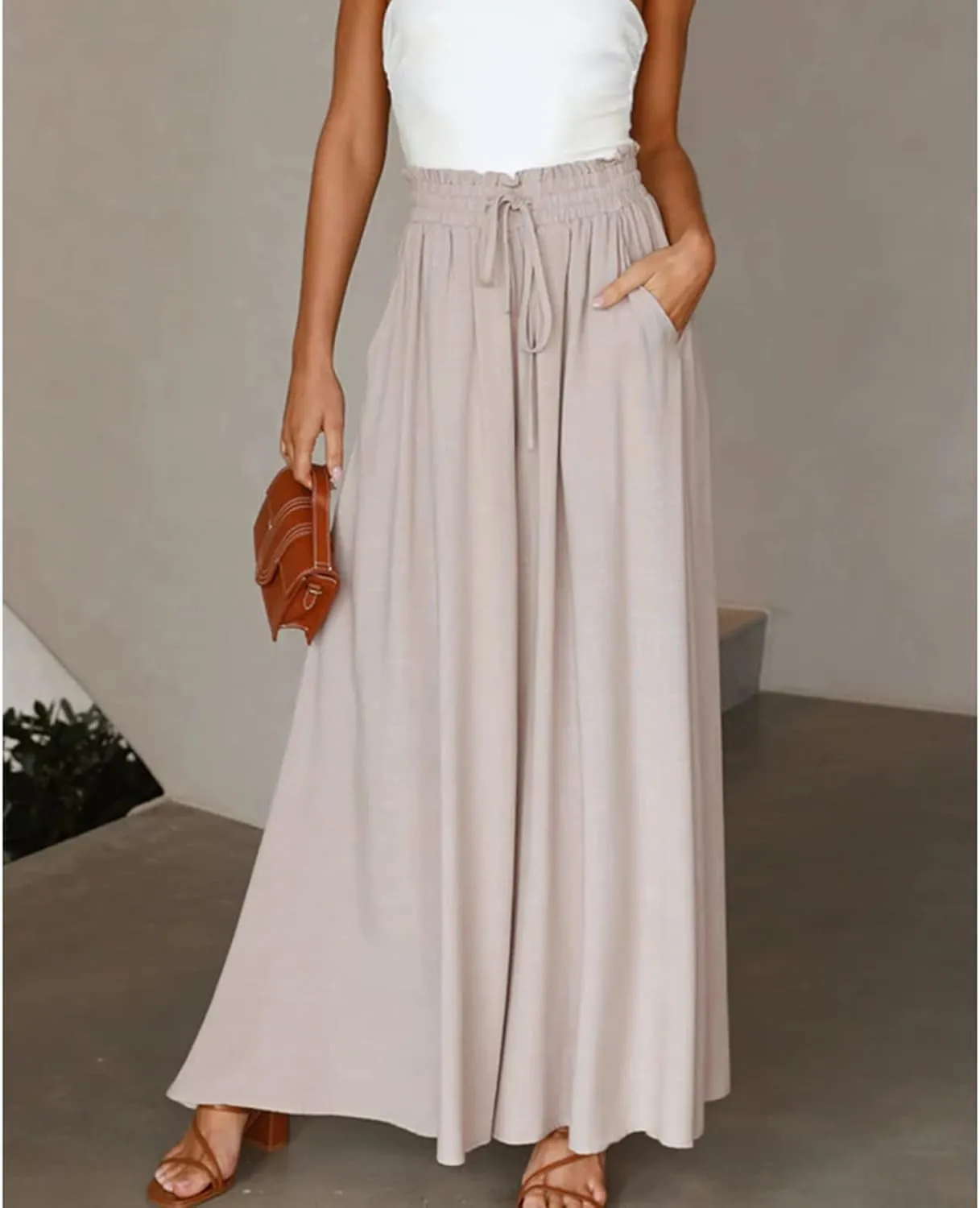 Women Wide Leg Pants Women Stretchy Waistband High Waist Drawstring Solid Color Loose Fit Soft Trousers with Pockets