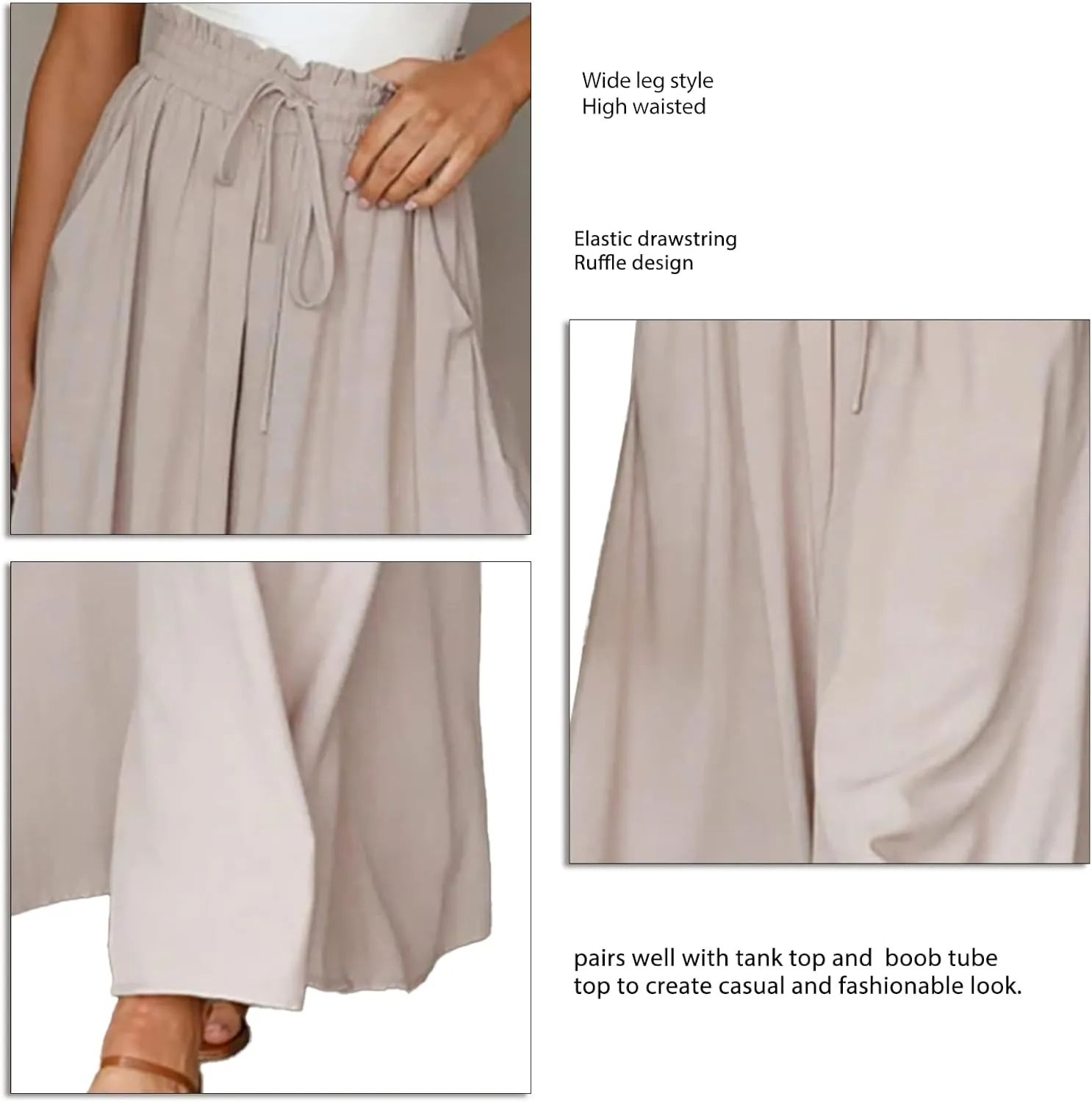 Women Wide Leg Pants Women Stretchy Waistband High Waist Drawstring Solid Color Loose Fit Soft Trousers with Pockets