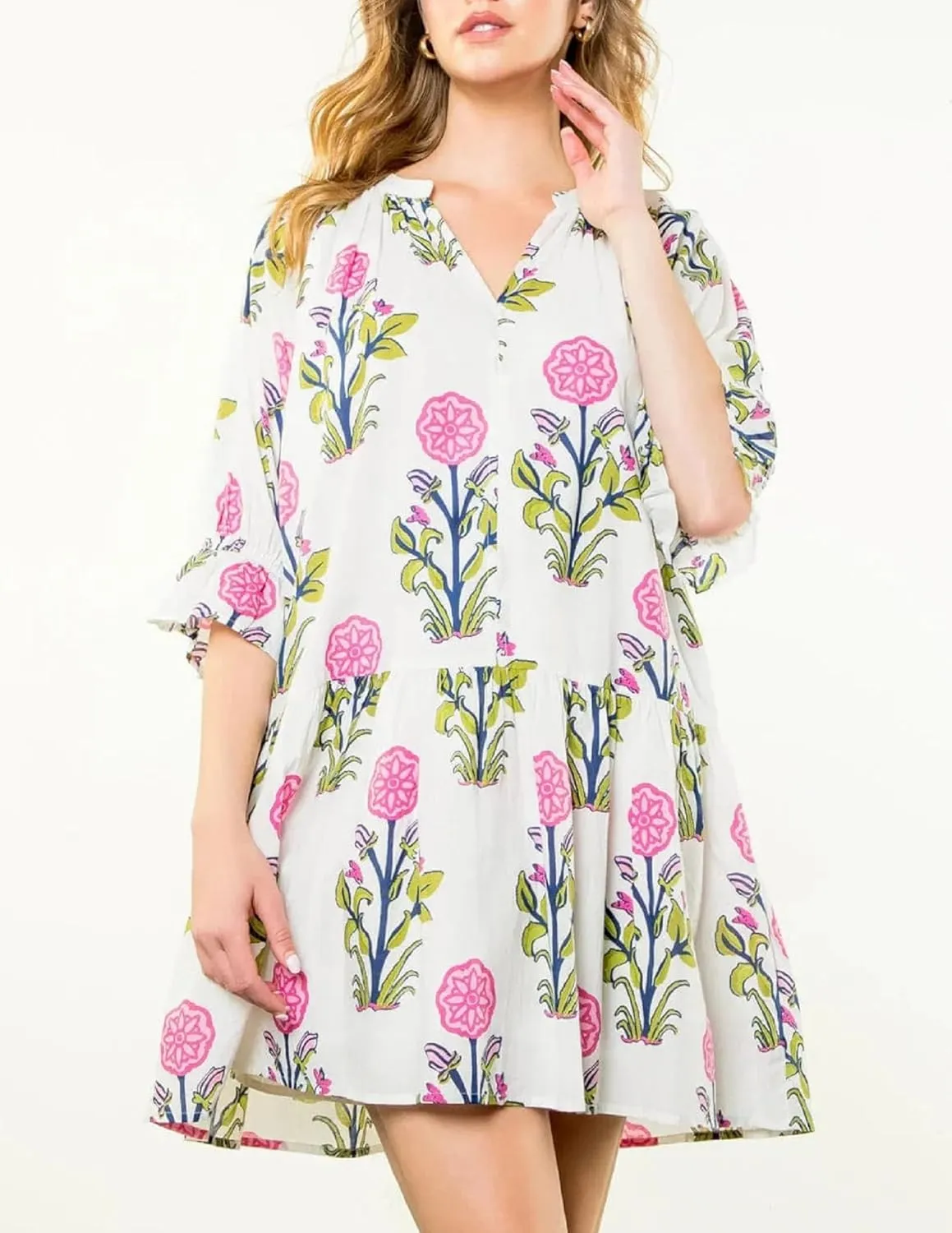 Women Y2K Boho Floral Babydoll Mini Dresses Cute V Neck Puff Sleeve Flowy Short Dress Bohemian Beach A Line Dress