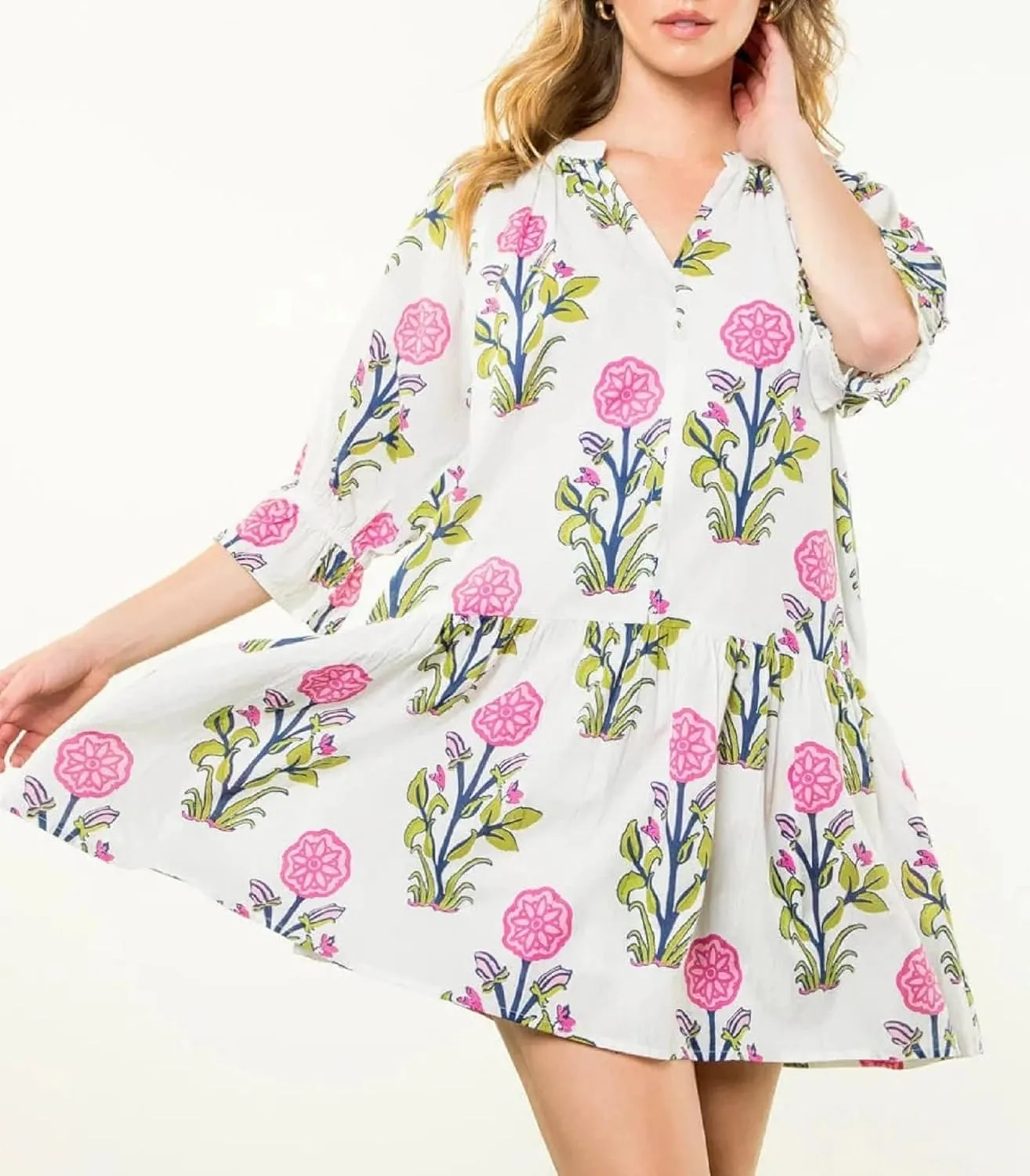 Women Y2K Boho Floral Babydoll Mini Dresses Cute V Neck Puff Sleeve Flowy Short Dress Bohemian Beach A Line Dress