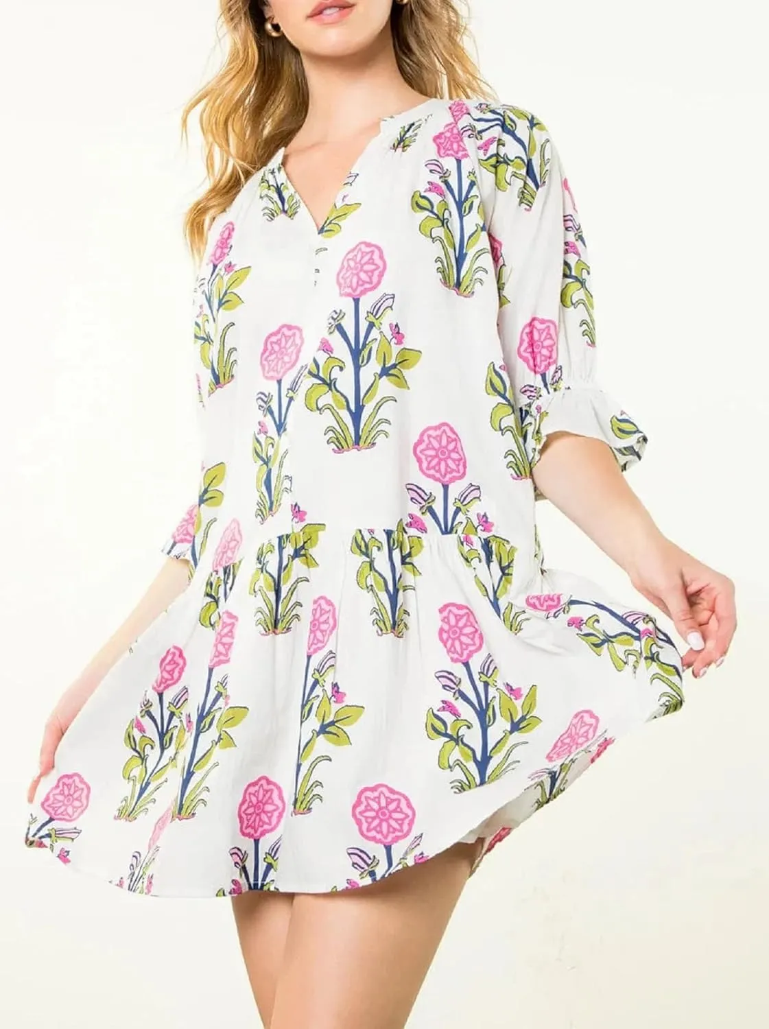 Women Y2K Boho Floral Babydoll Mini Dresses Cute V Neck Puff Sleeve Flowy Short Dress Bohemian Beach A Line Dress