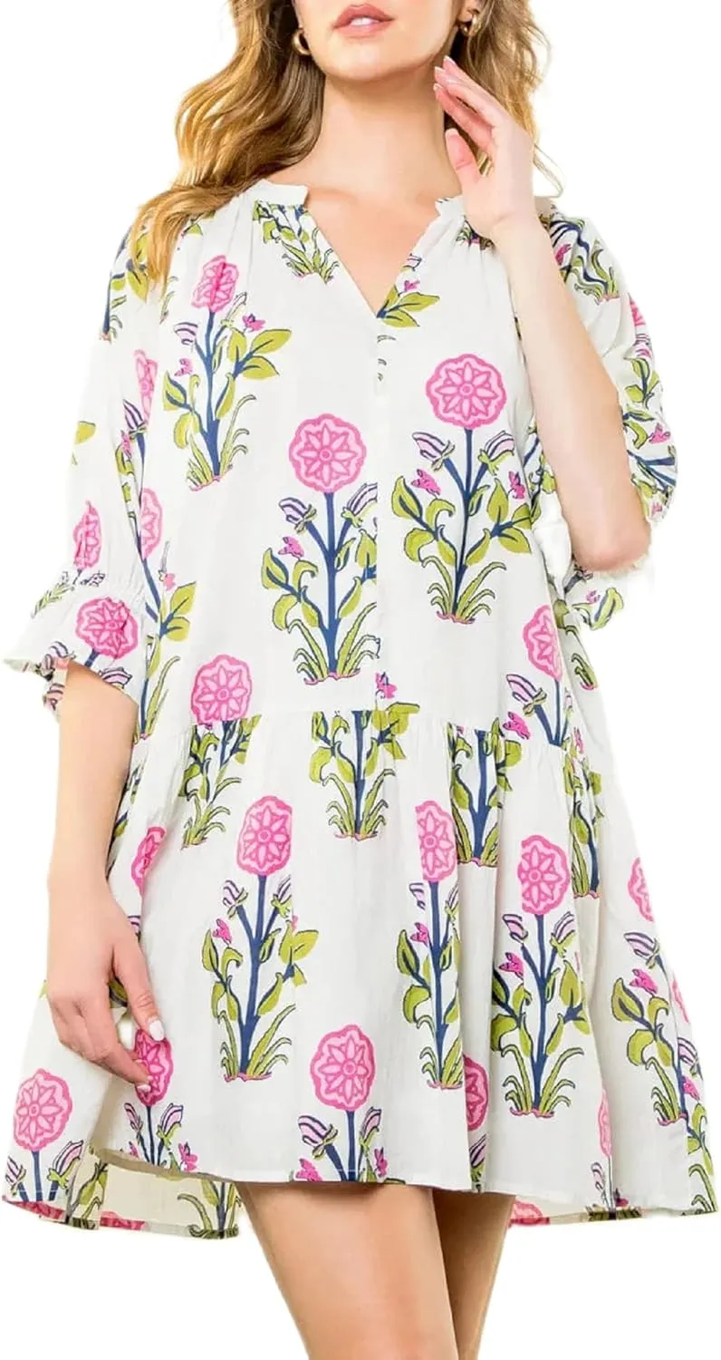 Women Y2K Boho Floral Babydoll Mini Dresses Cute V Neck Puff Sleeve Flowy Short Dress Bohemian Beach A Line Dress