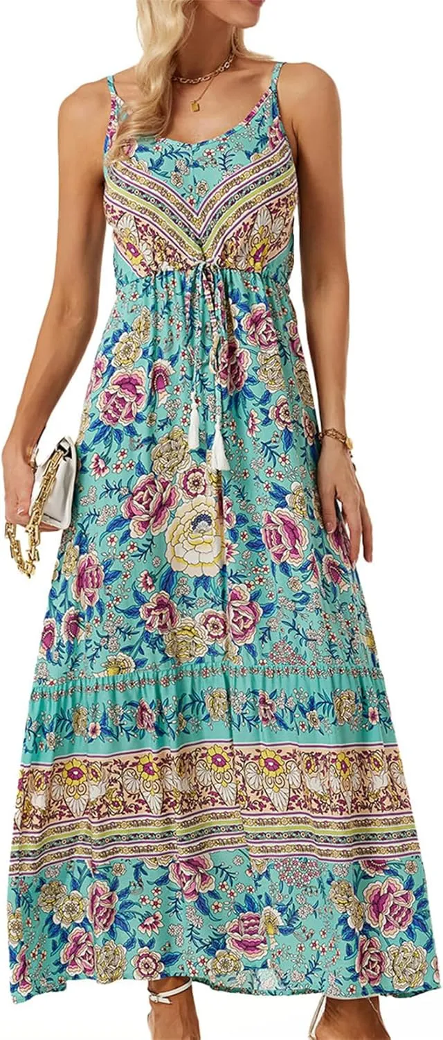Women Y2K Summer Flowy Swing Dresses Fairycore Spaghetti Strap Smocked Maxi Dress Casual Boho Beach Sundresses