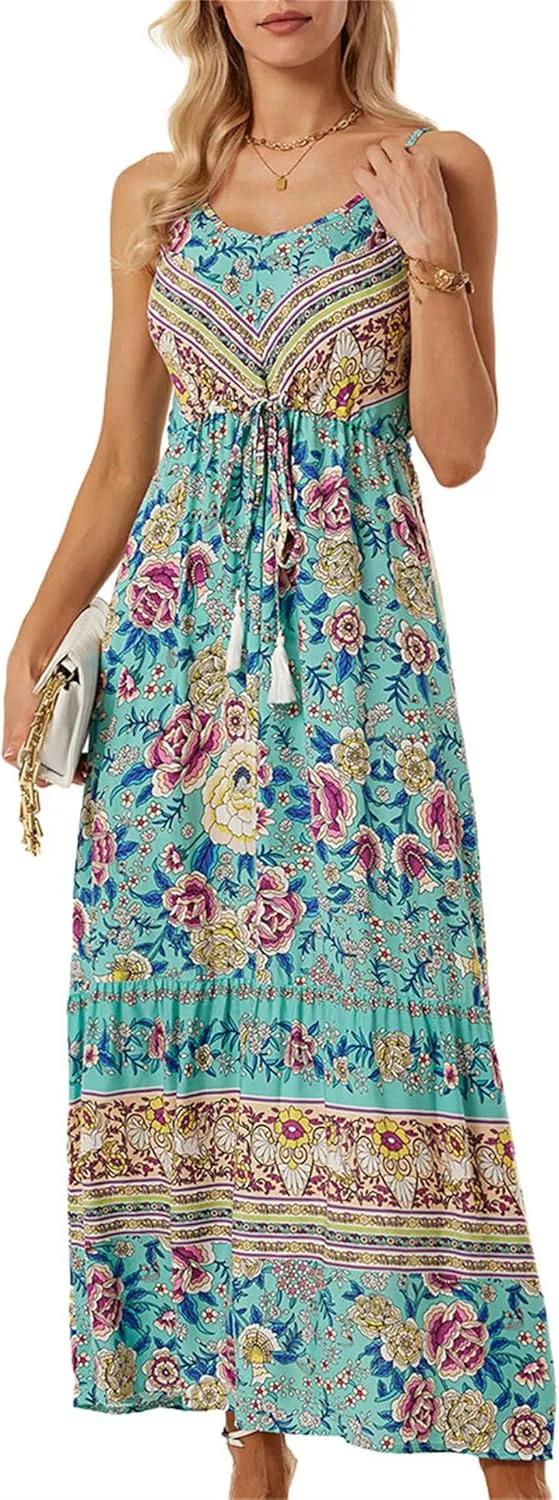 Women Y2K Summer Flowy Swing Dresses Fairycore Spaghetti Strap Smocked Maxi Dress Casual Boho Beach Sundresses