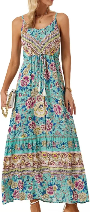 Women Y2K Summer Flowy Swing Dresses Fairycore Spaghetti Strap Smocked Maxi Dress Casual Boho Beach Sundresses