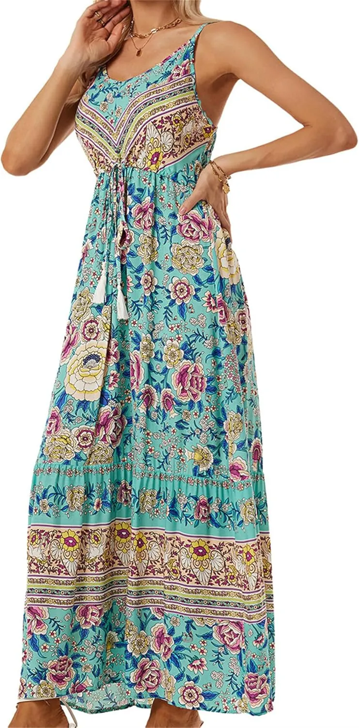 Women Y2K Summer Flowy Swing Dresses Fairycore Spaghetti Strap Smocked Maxi Dress Casual Boho Beach Sundresses