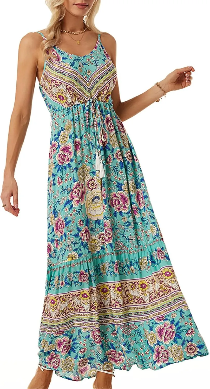 Women Y2K Summer Flowy Swing Dresses Fairycore Spaghetti Strap Smocked Maxi Dress Casual Boho Beach Sundresses