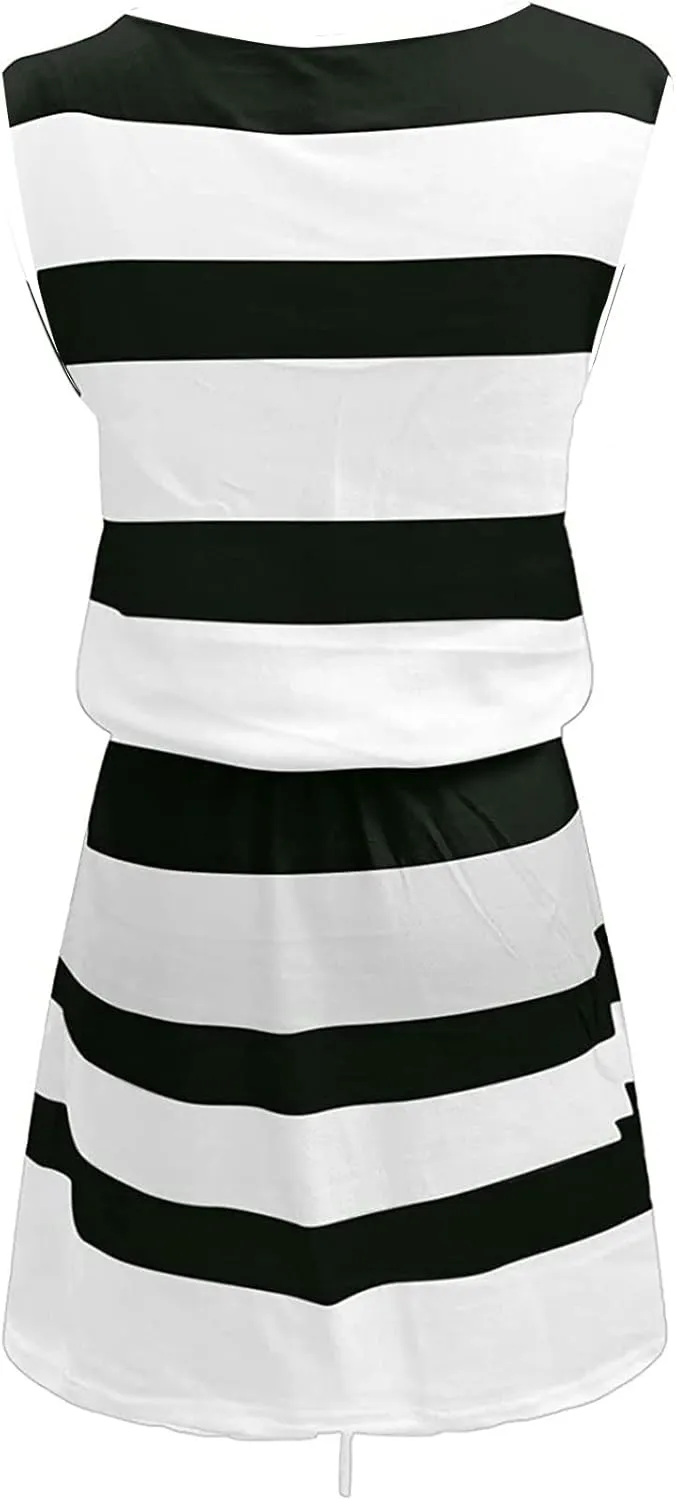 Womens 2025 Summer Dresses Striped Sleeveless Waist Tie Front A- Line Mini Dress Casual Lounge Tunics with Pockets