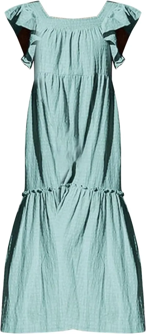 Womens Babydoll Maxi Dress Ruffle Cap Short Sleeve Dresses Tiered Pleated Swing Flowy Long Sundress Summer Outfits