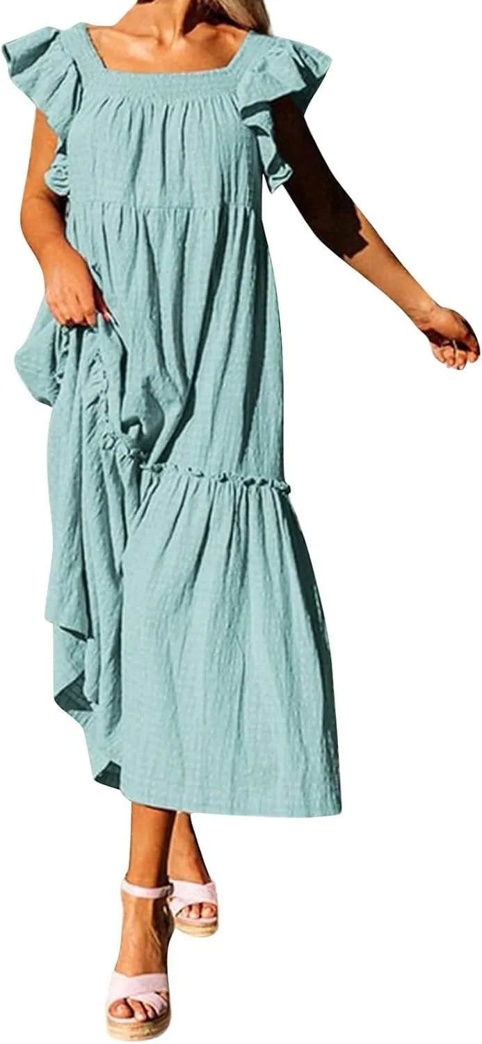 Womens Babydoll Maxi Dress Ruffle Cap Short Sleeve Dresses Tiered Pleated Swing Flowy Long Sundress Summer Outfits