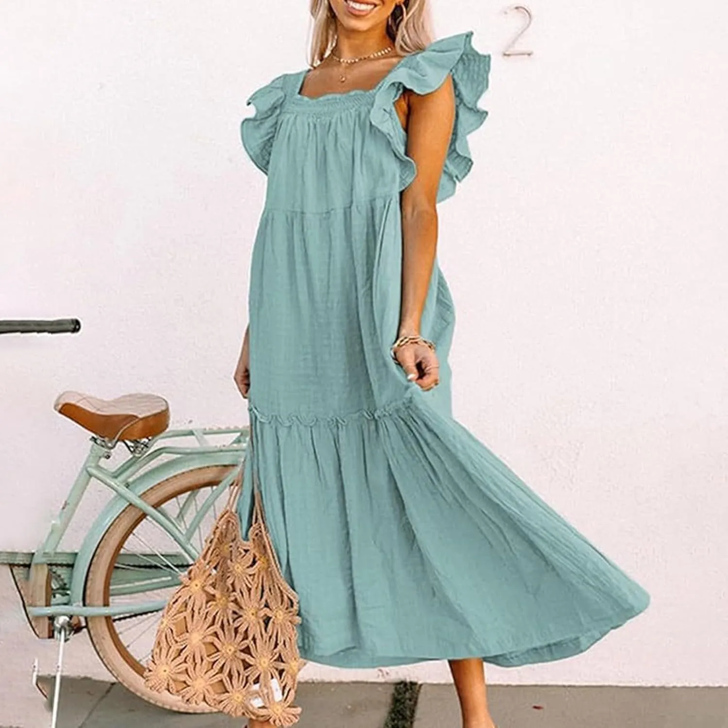 Womens Babydoll Maxi Dress Ruffle Cap Short Sleeve Dresses Tiered Pleated Swing Flowy Long Sundress Summer Outfits