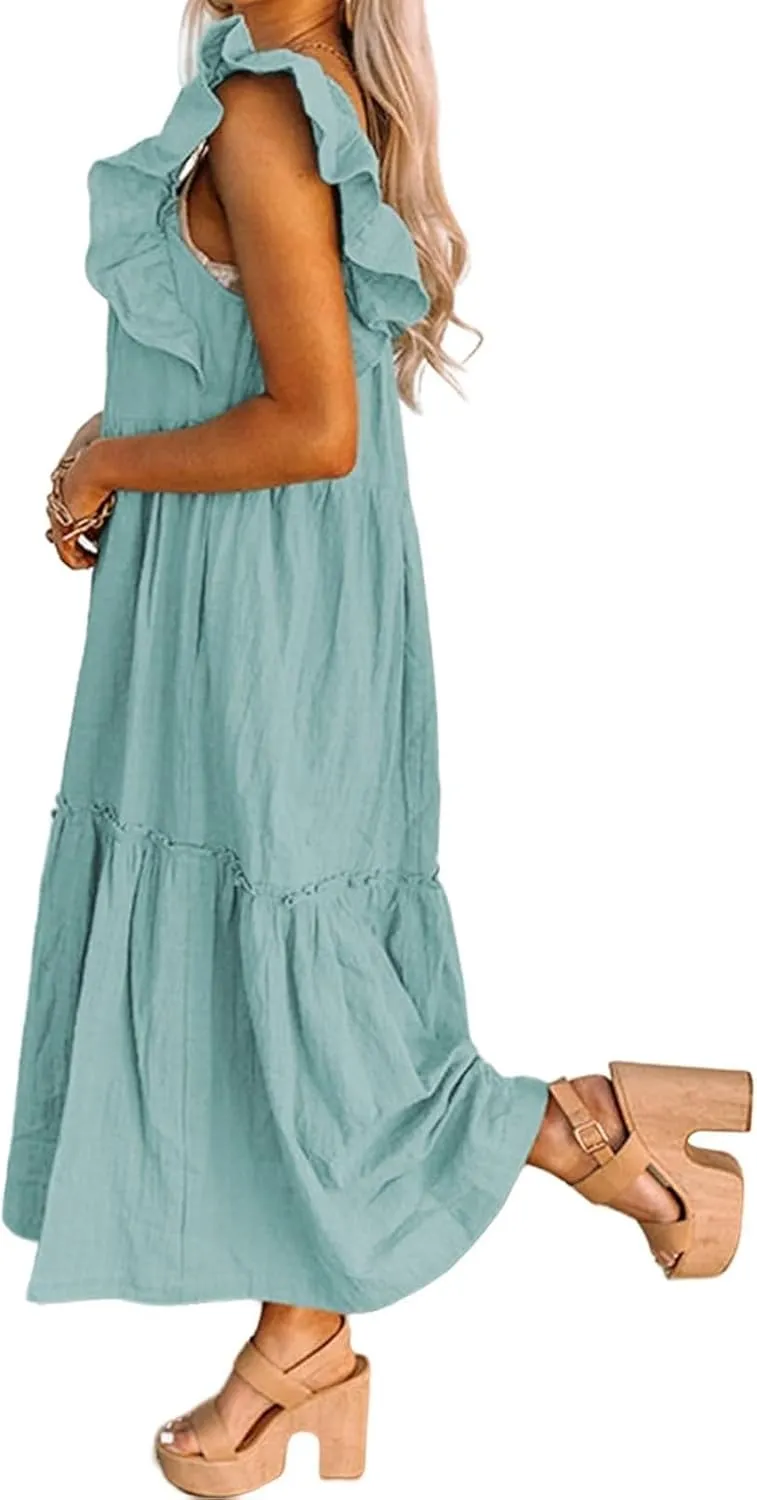 Womens Babydoll Maxi Dress Ruffle Cap Short Sleeve Dresses Tiered Pleated Swing Flowy Long Sundress Summer Outfits