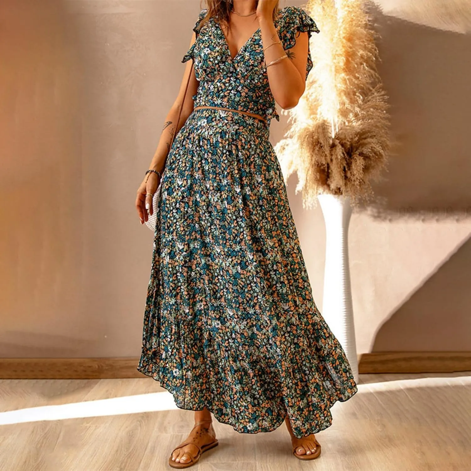 Womens Boho Dress 2 Pieces Outfits Wrap V Neck Ruffle Floral Tank Top and Long Maxi Skirt Set Flowy Maxi Dresses
