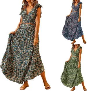 Womens Boho Dress 2 Pieces Outfits Wrap V Neck Ruffle Floral Tank Top and Long Maxi Skirt Set Flowy Maxi Dresses
