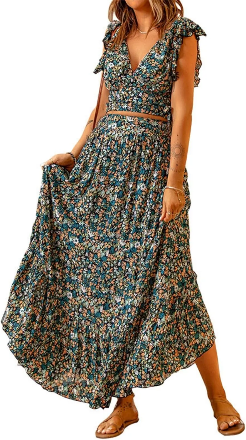 Womens Boho Dress 2 Pieces Outfits Wrap V Neck Ruffle Floral Tank Top and Long Maxi Skirt Set Flowy Maxi Dresses