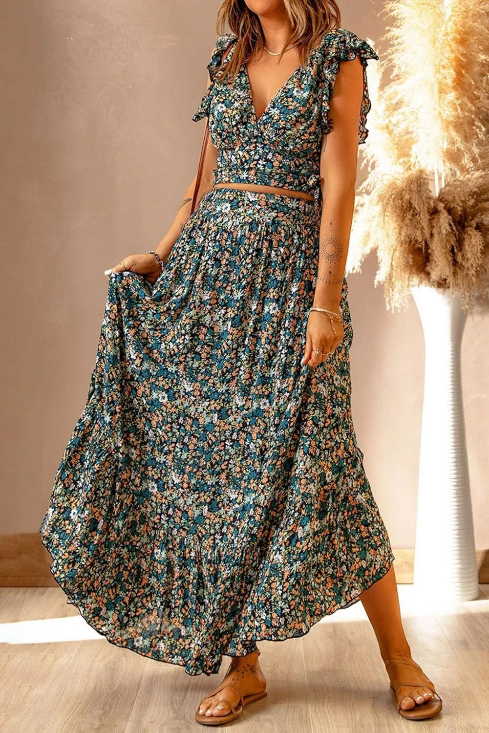 Womens Boho Dress 2 Pieces Outfits Wrap V Neck Ruffle Floral Tank Top and Long Maxi Skirt Set Flowy Maxi Dresses