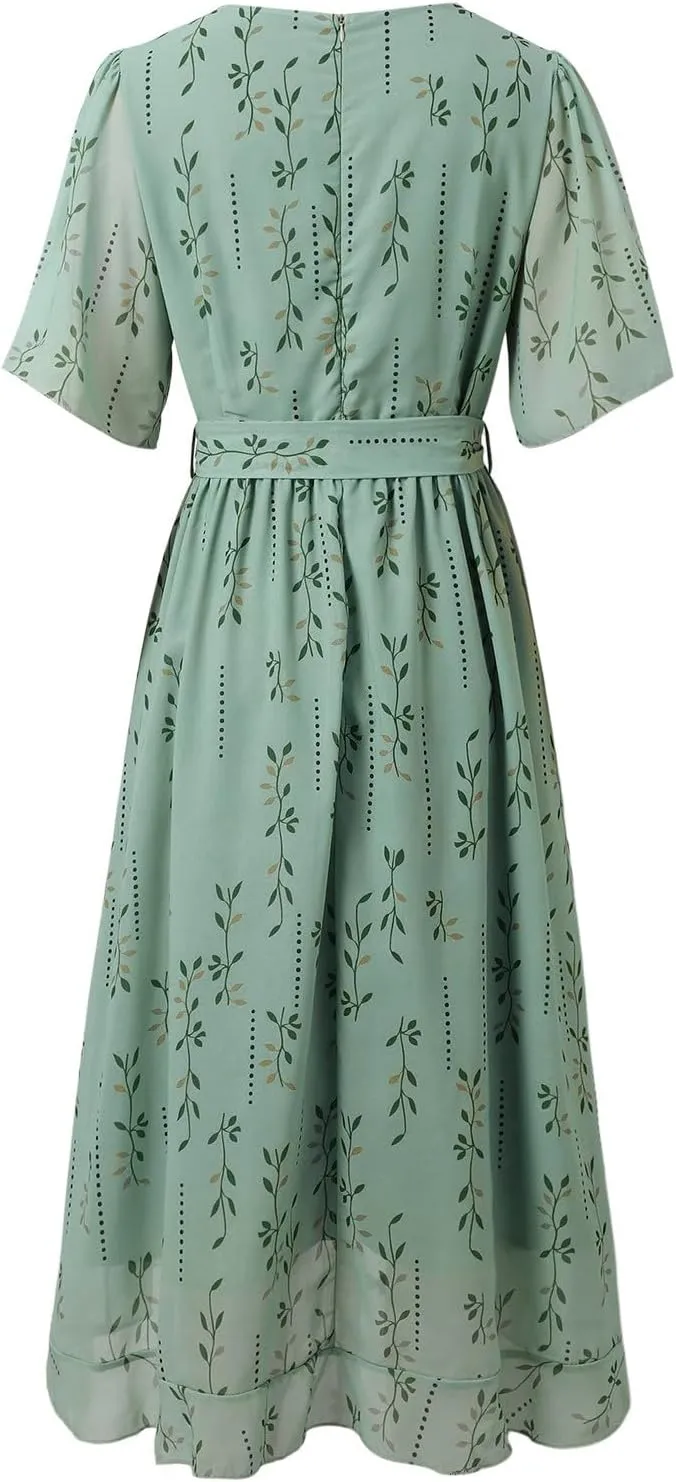 Womens Boho Floral Printed Chiffon Dresses 2025 Elegant V Neck Short Sleeve Belted Summer Wedding Prom Midi Dress